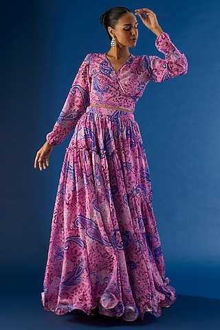 Flamingo Pink Georgette Digital Printed Skirt Set by VANA ETHNICS