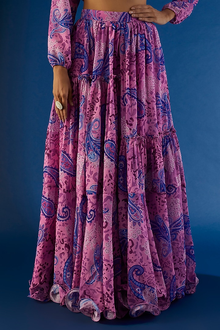 Flamingo Pink Georgette Digital Printed Skirt Set by VANA ETHNICS at Pernia's Pop Up Shop