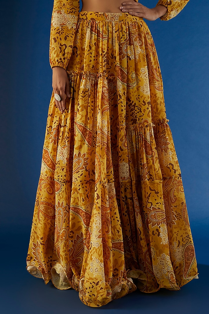 Mustard Georgette Digital Printed Skirt Set by VANA ETHNICS at Pernia's Pop Up Shop