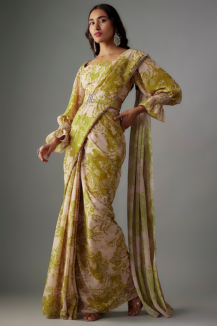 Green Georgette Digital Printed Pre-Draped Saree Set by VANA ETHNICS