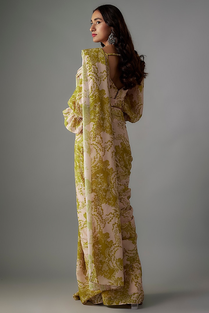 Green Georgette Digital Printed Pre-Draped Party Wear Saree Set by VANA ETHNICS at Pernia's Pop Up Shop