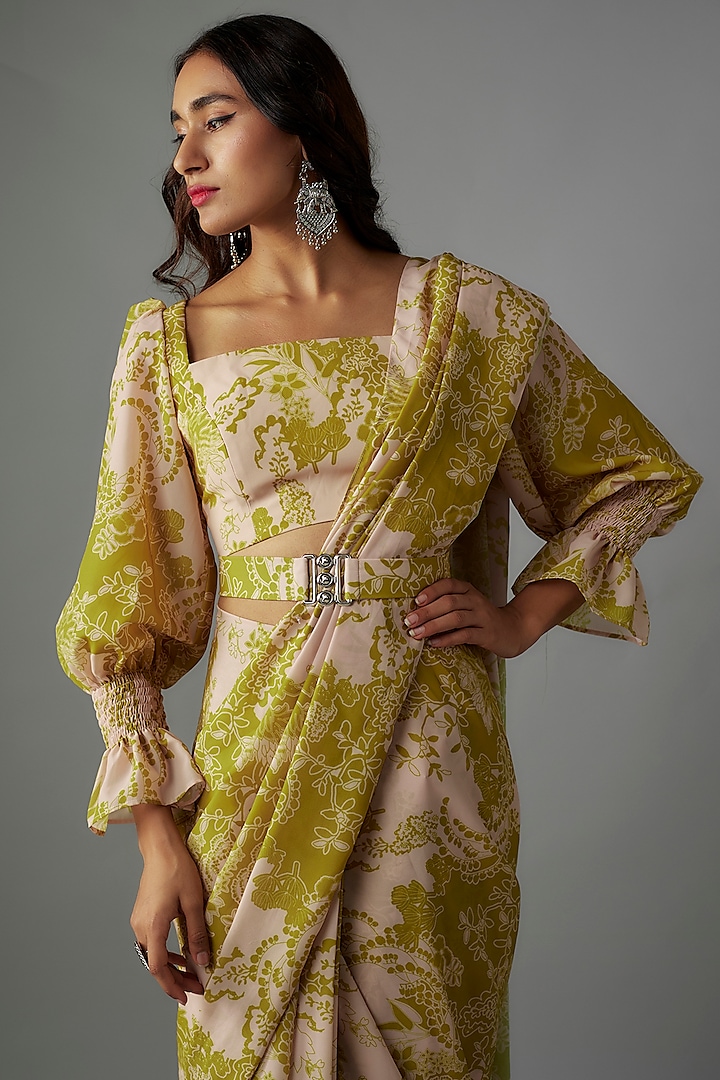 Green Georgette Digital Printed Pre-Draped Party Wear Saree Set by VANA ETHNICS at Pernia's Pop Up Shop