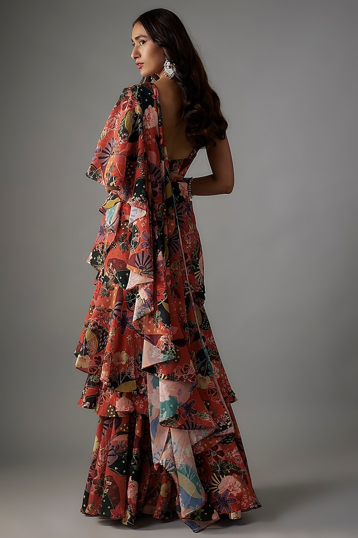 Rust Georgette Digital Printed Pre-Draped Party Wear Saree Set by VANA ETHNICS at Pernia's Pop Up Shop