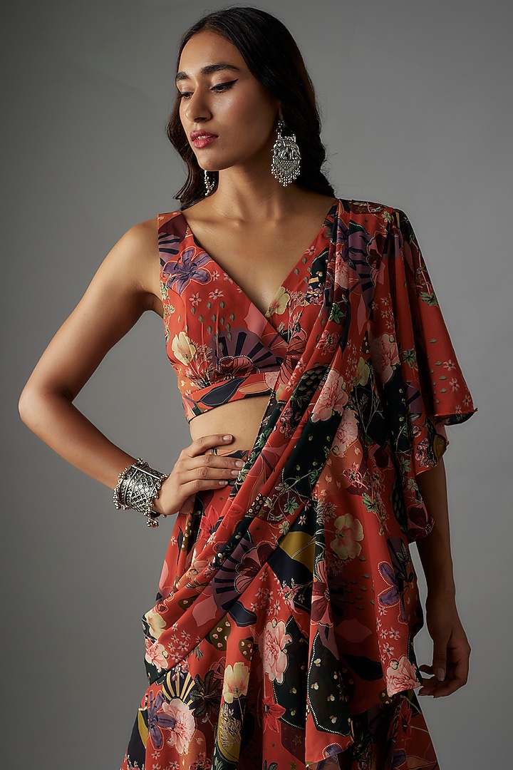 Rust Georgette Digital Printed Pre-Draped Party Wear Saree Set by VANA ETHNICS at Pernia's Pop Up Shop