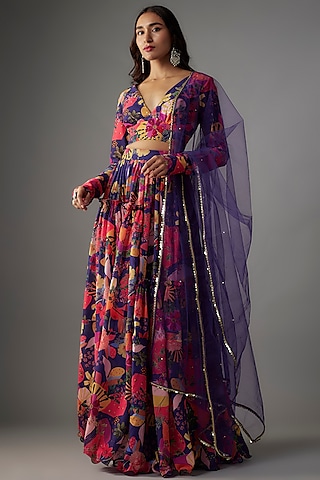 Electric Blue Georgette Digital Printed Lehenga Set by VANA ETHNICS