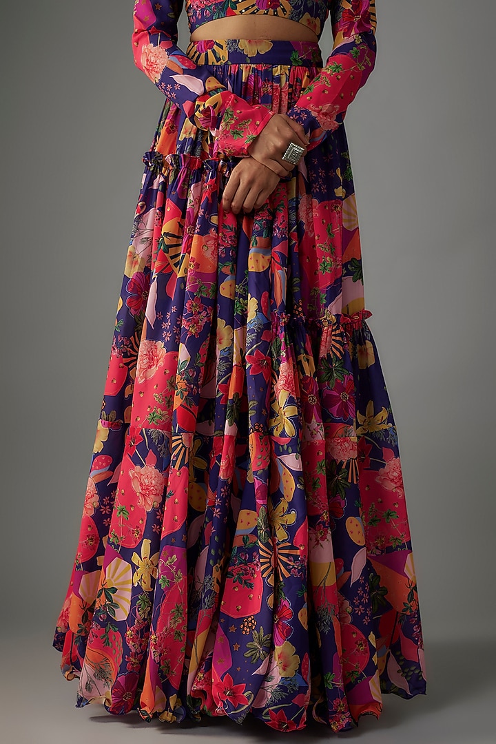 Electric Blue Georgette Digital Printed Lehenga Set by VANA ETHNICS at Pernia's Pop Up Shop