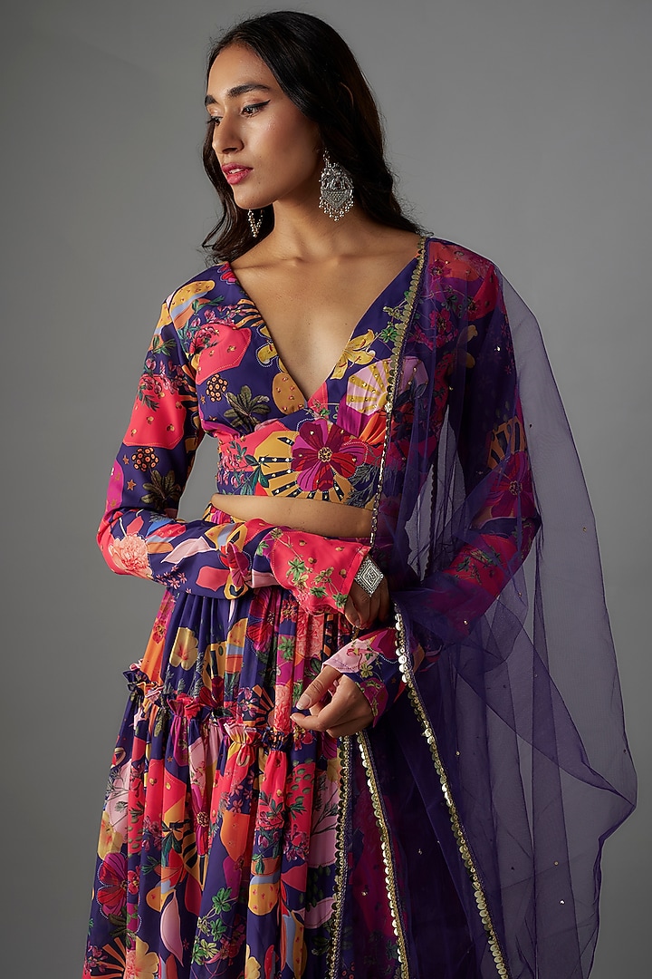 Electric Blue Georgette Digital Printed Lehenga Set by VANA ETHNICS at Pernia's Pop Up Shop