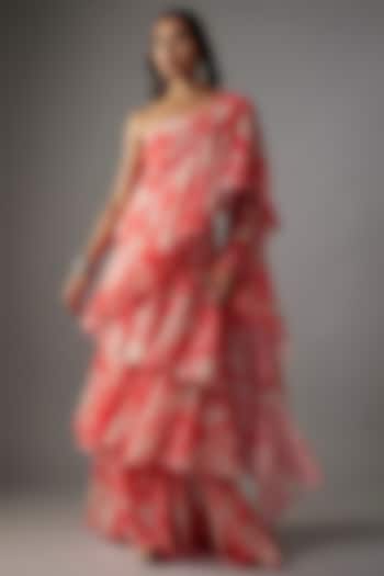 Pink Georgette Digital Printed Pre-Draped Saree Set by VANA ETHNICS