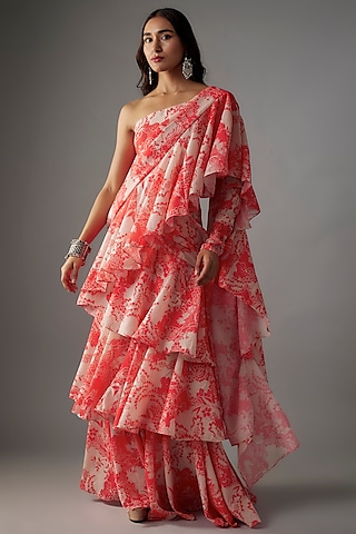 Pink Georgette Digital Printed Pre-Draped Saree Set by VANA ETHNICS