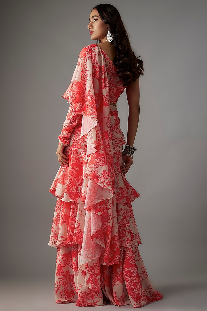 Pink Georgette Digital Printed Pre-Draped Party Wear Saree Set by VANA ETHNICS at Pernia's Pop Up Shop