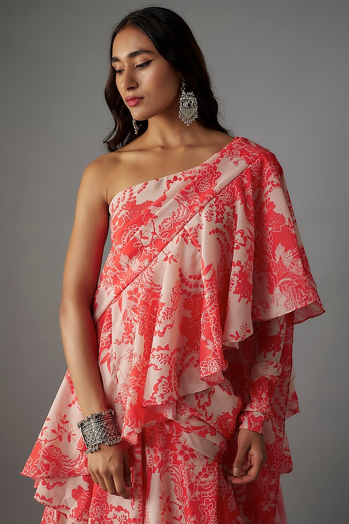 Pink Georgette Digital Printed Pre-Draped Party Wear Saree Set by VANA ETHNICS at Pernia's Pop Up Shop