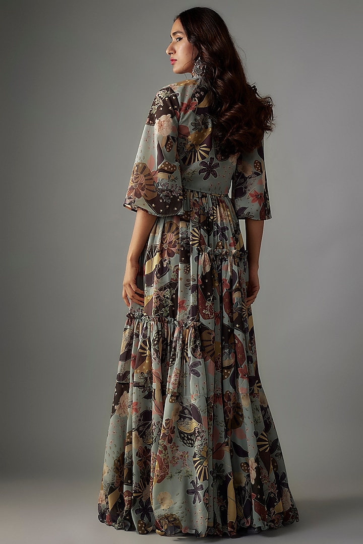 Ash Grey Georgette Digital Printed Lehenga Set by VANA ETHNICS at Pernia's Pop Up Shop