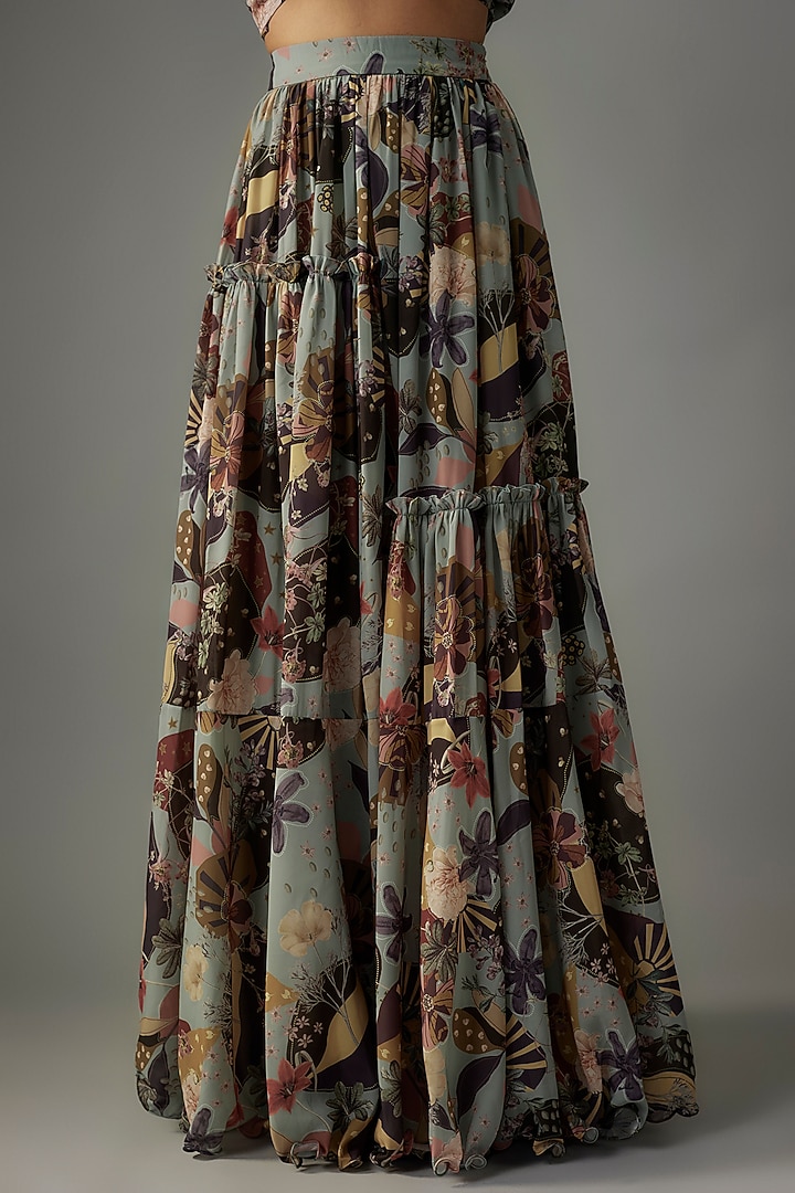 Ash Grey Georgette Digital Printed Lehenga Set by VANA ETHNICS at Pernia's Pop Up Shop