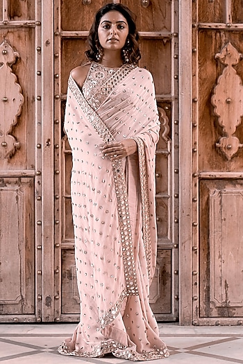 Blush Pink Chinon Hand Embroidered Wedding Saree Set by VANA ETHNICS at Pernia's Pop Up Shop
