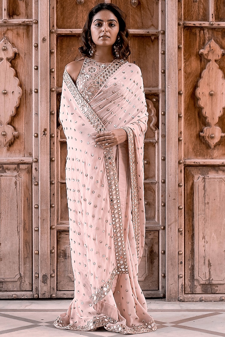 Blush Pink Chinon Hand Embroidered Saree Set by VANA ETHNICS