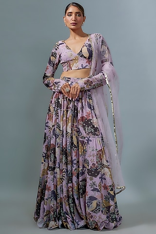 Lilac Georgette Digital Printed Lehenga Set For Girls by VANA ETHNICS KIDS