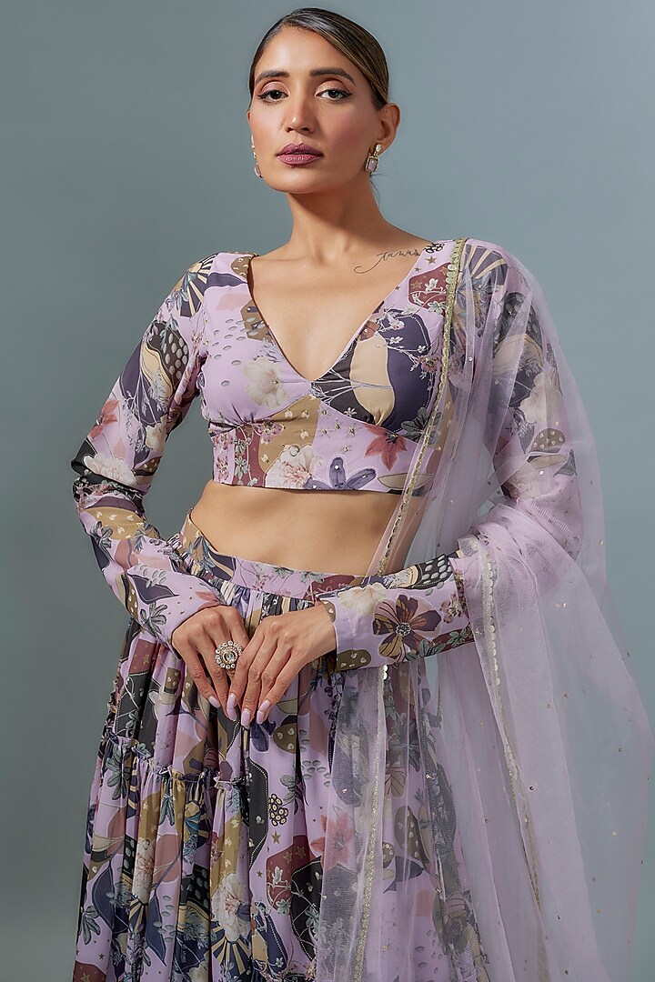 Lilac Georgette Digital Printed Lehenga Set For Girls by VANA ETHNICS KIDS at Pernia's Pop Up Shop