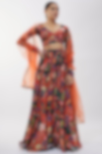 Rust Georgette Digital Printed Lehenga Set For Girls by VANA ETHNICS KIDS at Pernia's Pop Up Shop