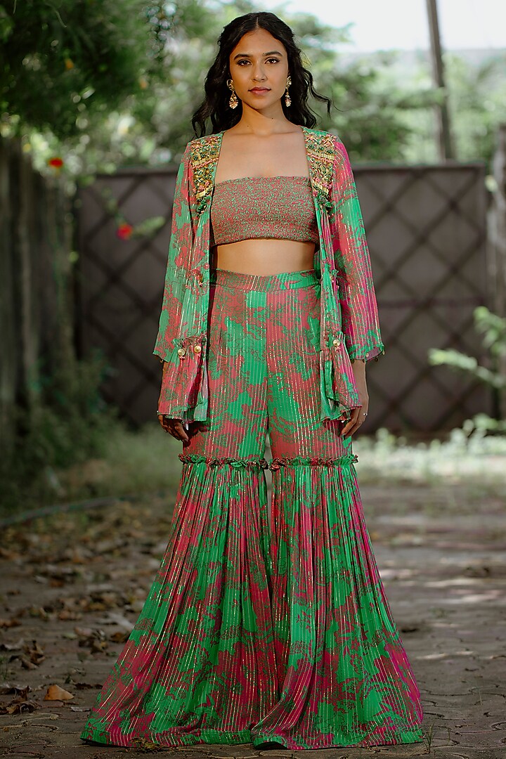 Green Viscose Georgette Digital Printed Sharara Set For Girls by VANA ETHNICS KIDS at Pernia's Pop Up Shop