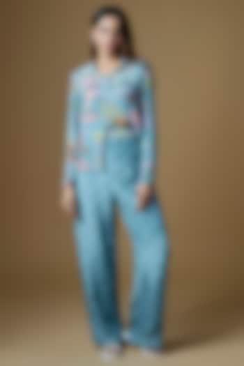 Pastel Blue Crepe Embroidered & Printed Co-Ord Set For Girls by VANA ETHNICS KIDS at Pernia's Pop Up Shop