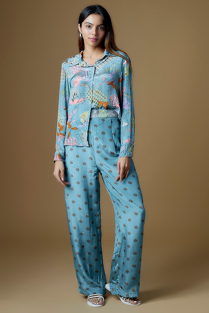 Pastel Blue Crepe Embroidered & Printed Co-Ord Set For Girls by VANA ETHNICS KIDS at Pernia's Pop Up Shop