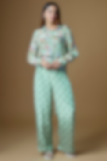 Mint Green Crepe Embroidered & Printed Co-Ord Set For Girls by VANA ETHNICS KIDS at Pernia's Pop Up Shop