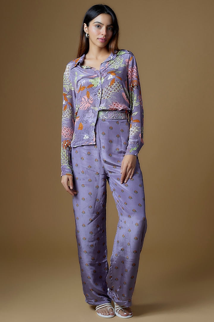 Pastel Purple Crepe Embroidered & Printed Co-Ord Set For Girls by VANA ETHNICS KIDS at Pernia's Pop Up Shop