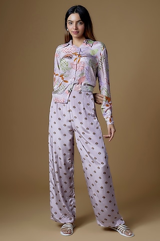 Onion Pink Crepe Embroidered & Printed Co-Ord Set For Girls by VANA ETHNICS KIDS