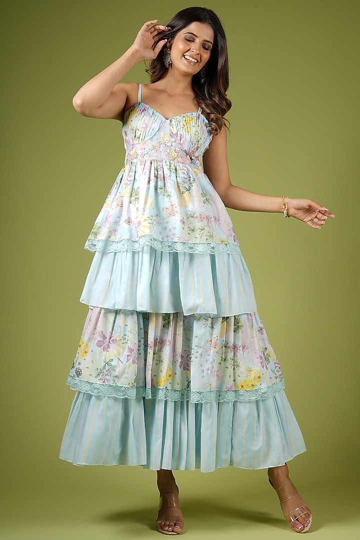 Blue Viscose Printed & Hand Embroidered Dress For Girls by VANA ETHNICS KIDS at Pernia's Pop Up Shop