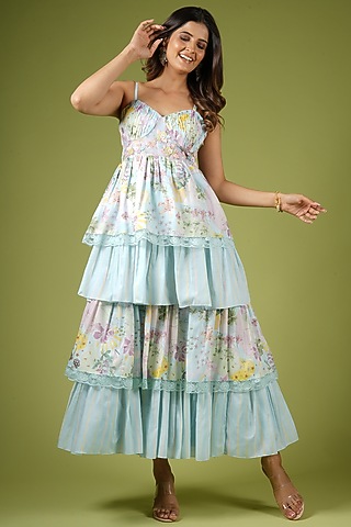 Blue Viscose Printed & Hand Embroidered Dress For Girls by VANA ETHNICS KIDS