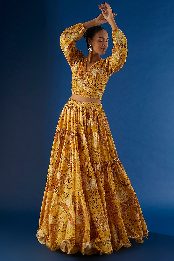 Mustard Georgette Paisley Printed Skirt Set For Girls by VANA ETHNICS KIDS at Pernia's Pop Up Shop