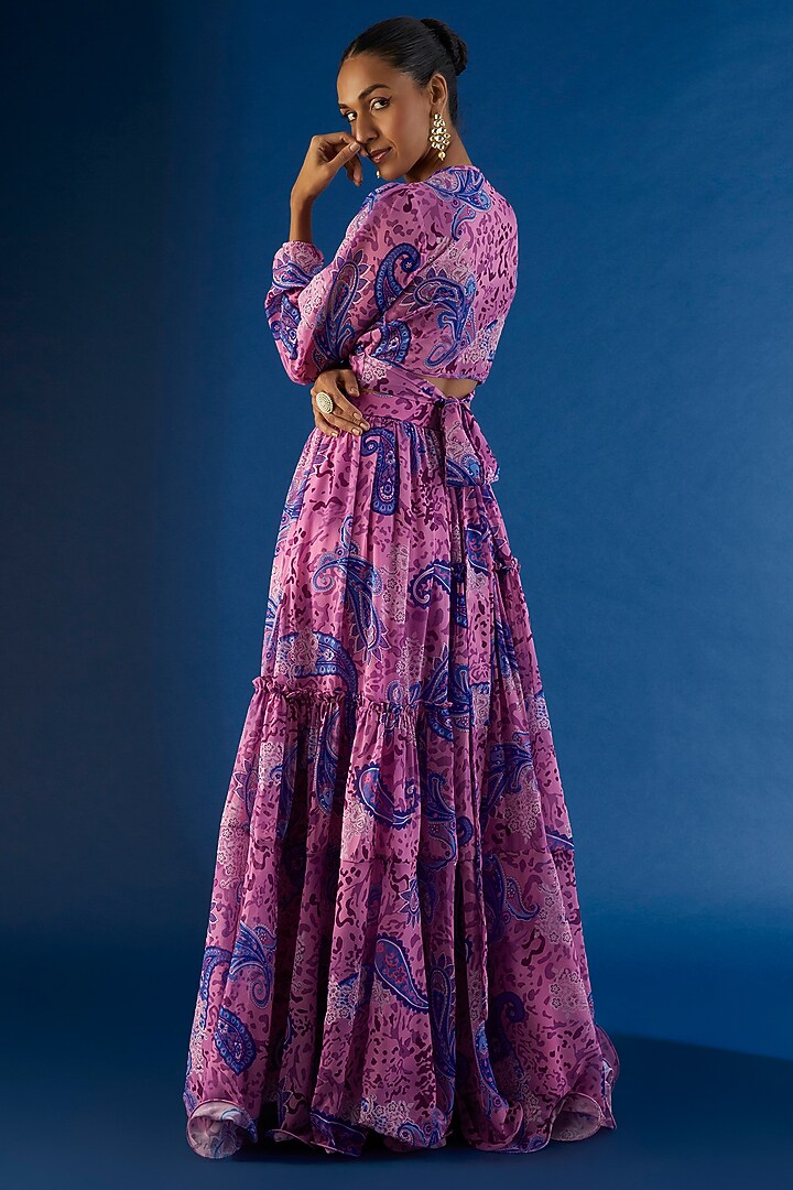 Flamingo Pink Georgette Paisley Printed Skirt Set For Girls by VANA ETHNICS KIDS at Pernia's Pop Up Shop
