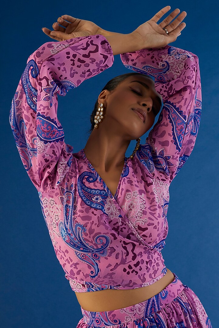 Flamingo Pink Georgette Paisley Printed Skirt Set For Girls by VANA ETHNICS KIDS at Pernia's Pop Up Shop