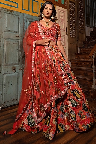 Rust Viscose Floral Printed Lehenga Set For Girls by VANA ETHNICS KIDS