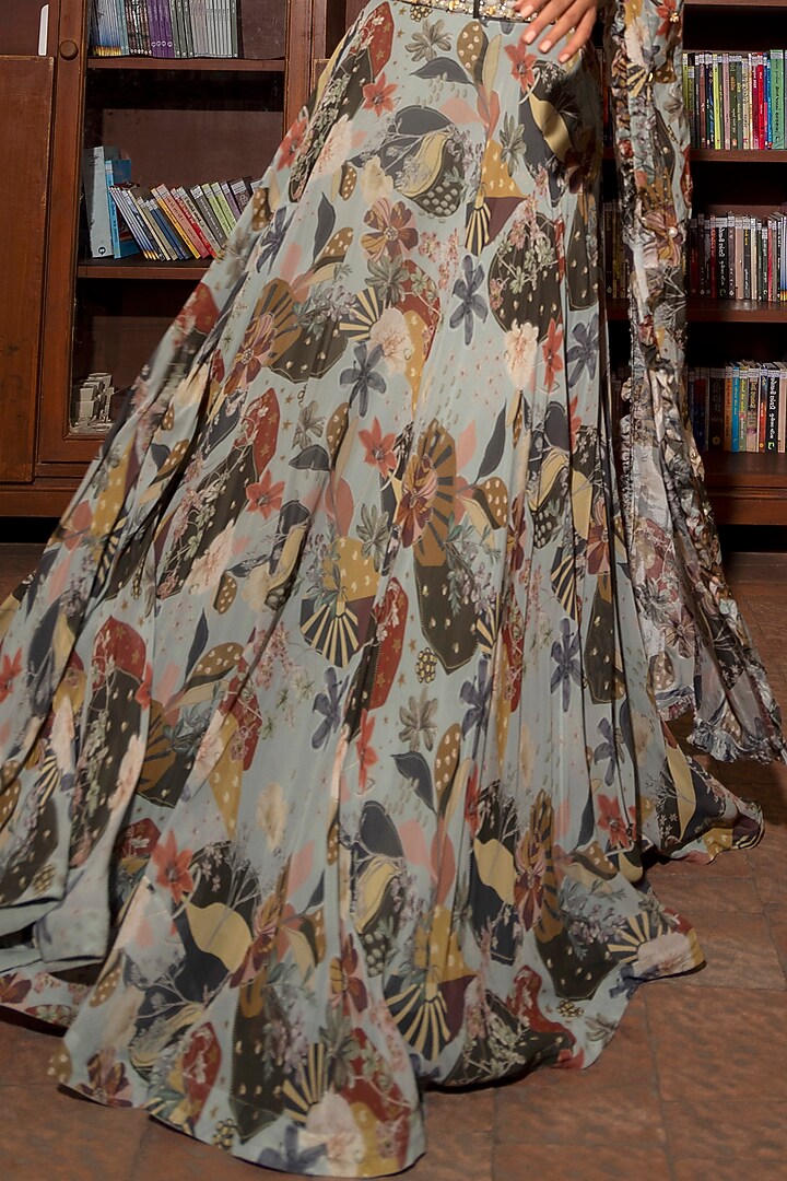 Ash Grey Viscose Floral Printed Lehenga Set For Girls by VANA ETHNICS KIDS at Pernia's Pop Up Shop