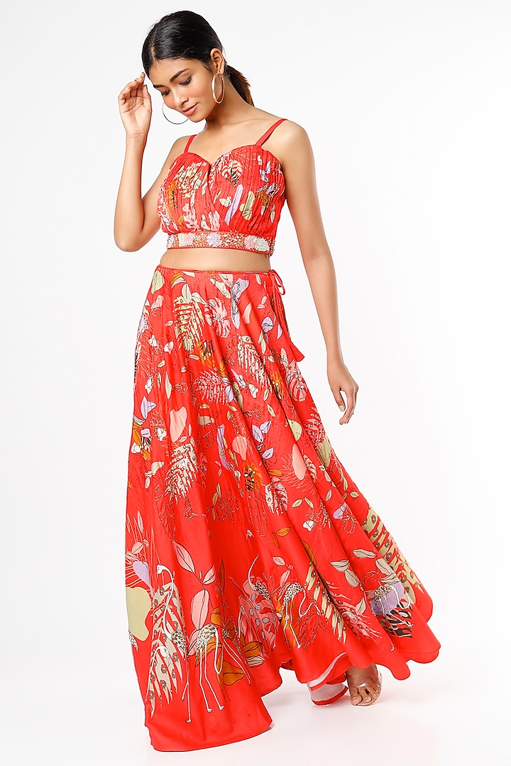 Red Modal Hand Embroidered & Tropical Printed Lehenga Set For Girls by VANA ETHNICS KIDS at Pernia's Pop Up Shop