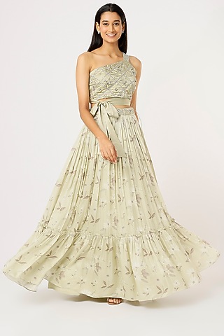 Pastel Green Satin Mirror Work & Floral Printed Lehenga Set For Girls by VANA ETHNICS KIDS