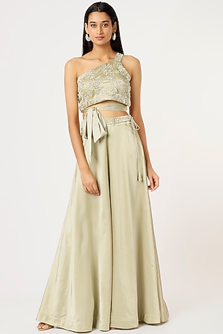 Pastel Green Viscose Palazzo Pants Set For Girls by VANA ETHNICS KIDS