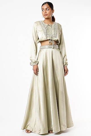 Pastel Green Satin Pant Set For Girls by VANA ETHNICS KIDS