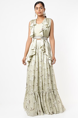 Pastel Green Satin Floral Printed Skirt Set For Girls by VANA ETHNICS KIDS