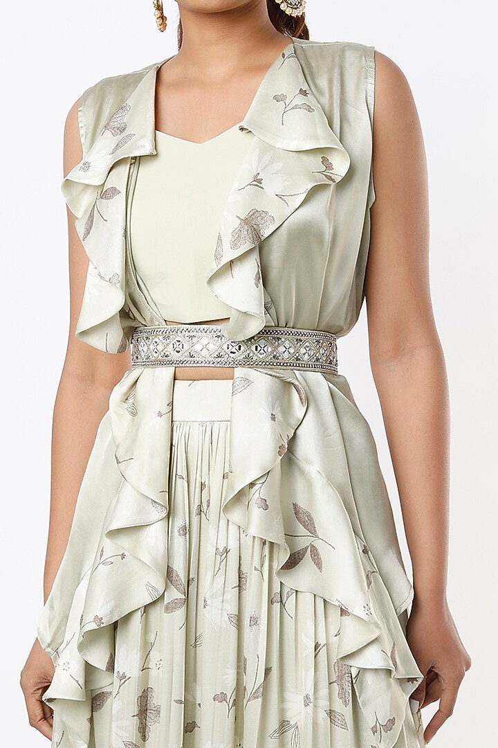 Pastel Green Satin Floral Printed Skirt Set For Girls by VANA ETHNICS KIDS at Pernia's Pop Up Shop