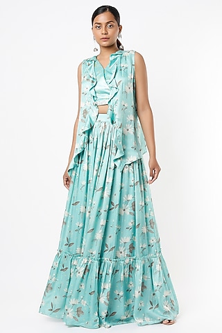 Turquoise Viscose & Satin Floral Printed Skirt Set For Girls by VANA ETHNICS KIDS