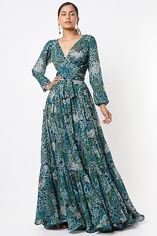 Blue Georgette Printed Skirt Set For Girls by VANA ETHNICS KIDS