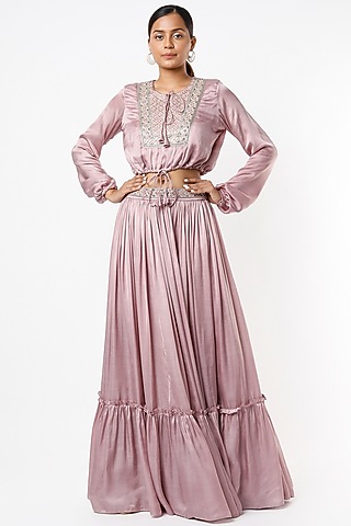Mauve Satin Skirt Set For Girls by VANA ETHNICS KIDS