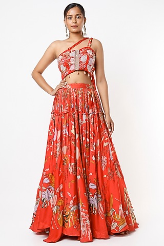 Red Viscose Printed Skirt Set For Girls by VANA ETHNICS KIDS