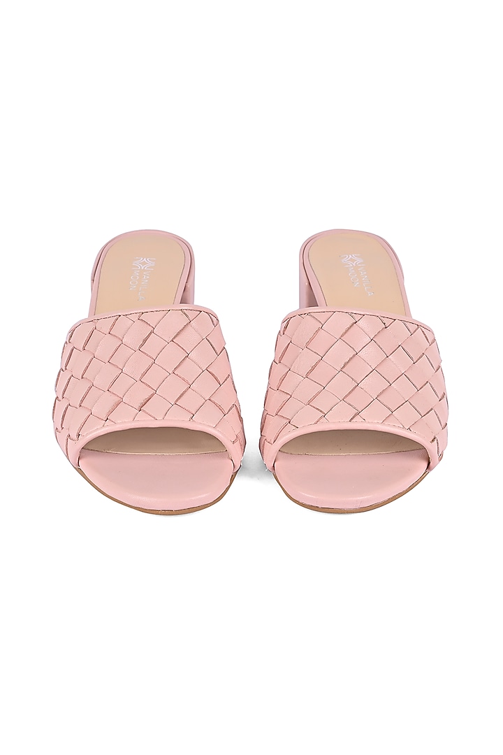 Pink Leather Woven Block Heels by VANILLA MOON at Pernia's Pop Up Shop