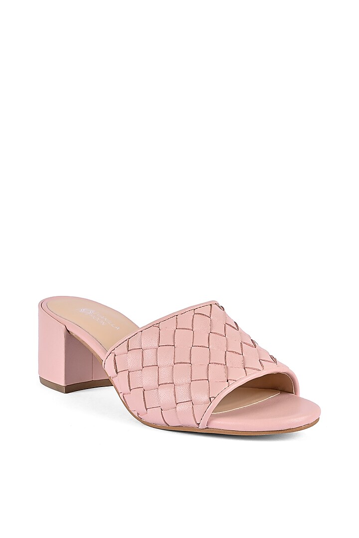 Pink Leather Woven Block Heels by VANILLA MOON at Pernia's Pop Up Shop