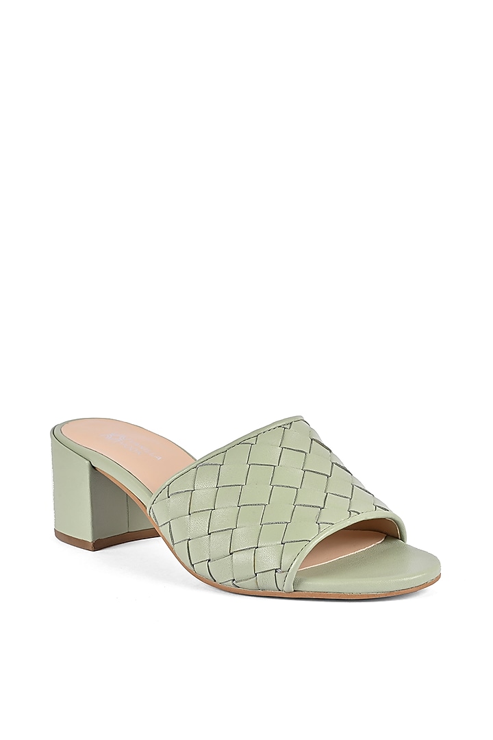 Green Leather Woven Block Heels by VANILLA MOON at Pernia's Pop Up Shop
