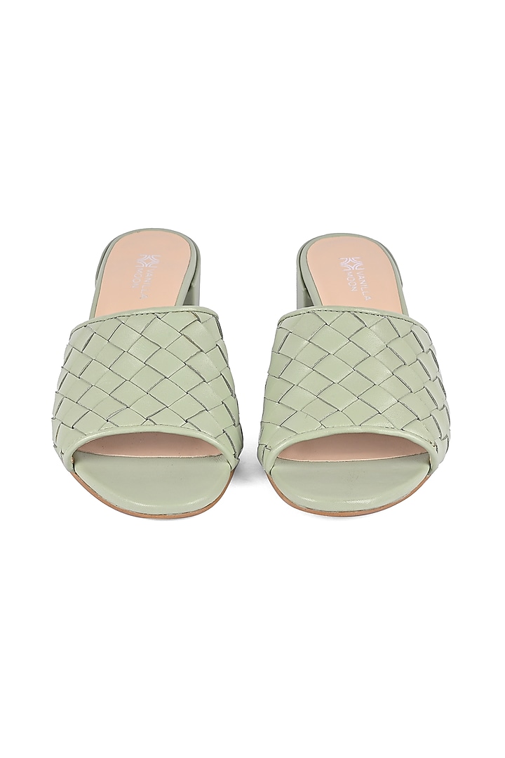 Green Leather Woven Block Heels by VANILLA MOON at Pernia's Pop Up Shop