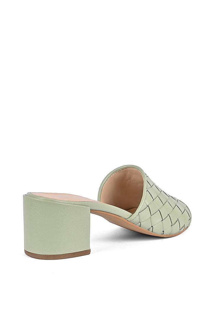 Green Leather Woven Block Heels by VANILLA MOON at Pernia's Pop Up Shop